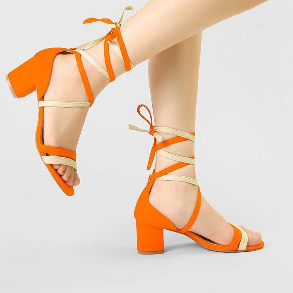 Open Toe Lace Up Color Block Heel Ankle Strap Sandals Orange - Picture 2 of 6